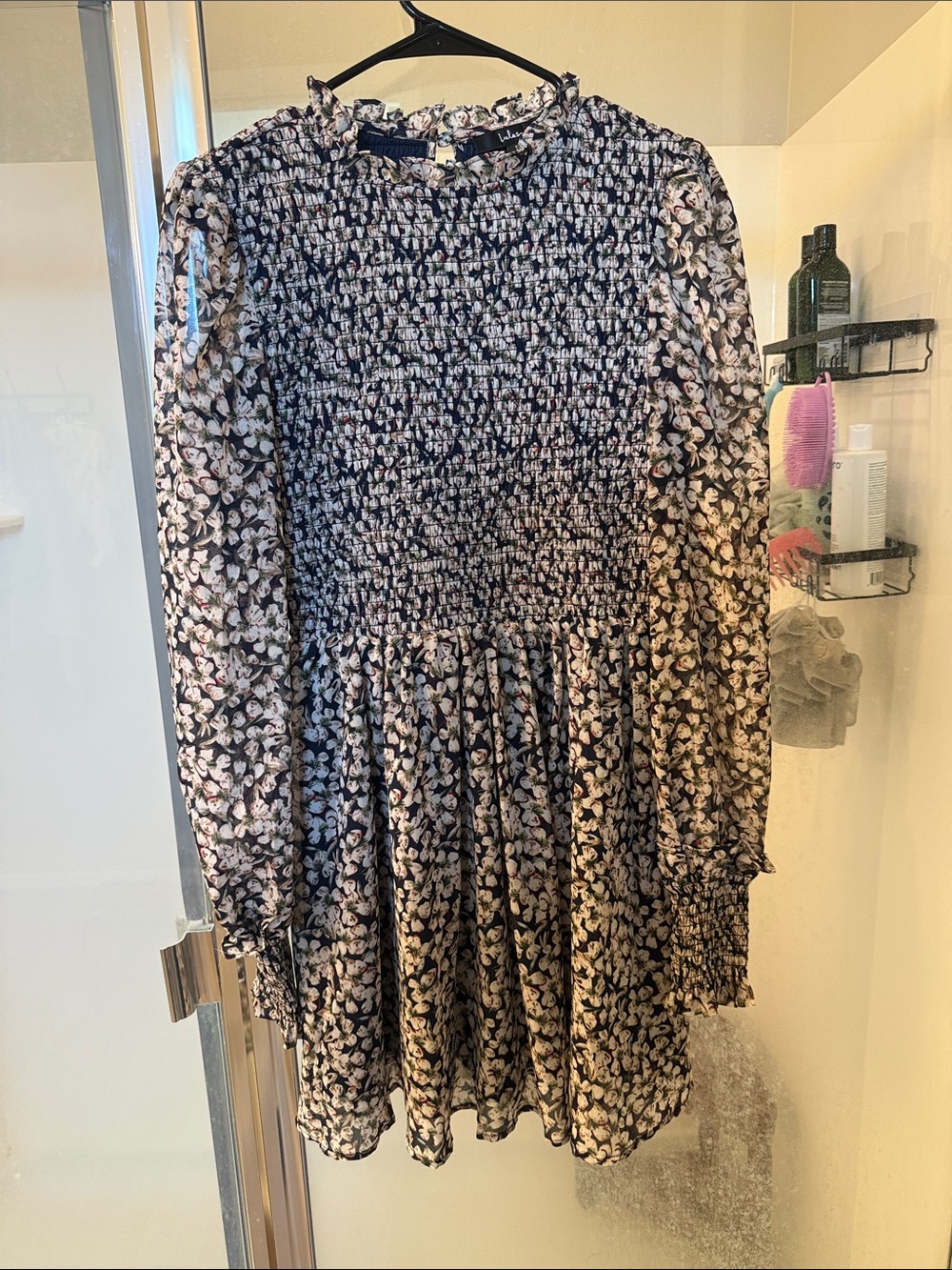 Lulu's Navy Floral Long-Sleeve Smocked Mini Dress